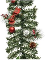 1x Groene kunst kerstguirlande met rode versiering 180 cm - Dennenslingers kerstversieringen/kerstdecoraties