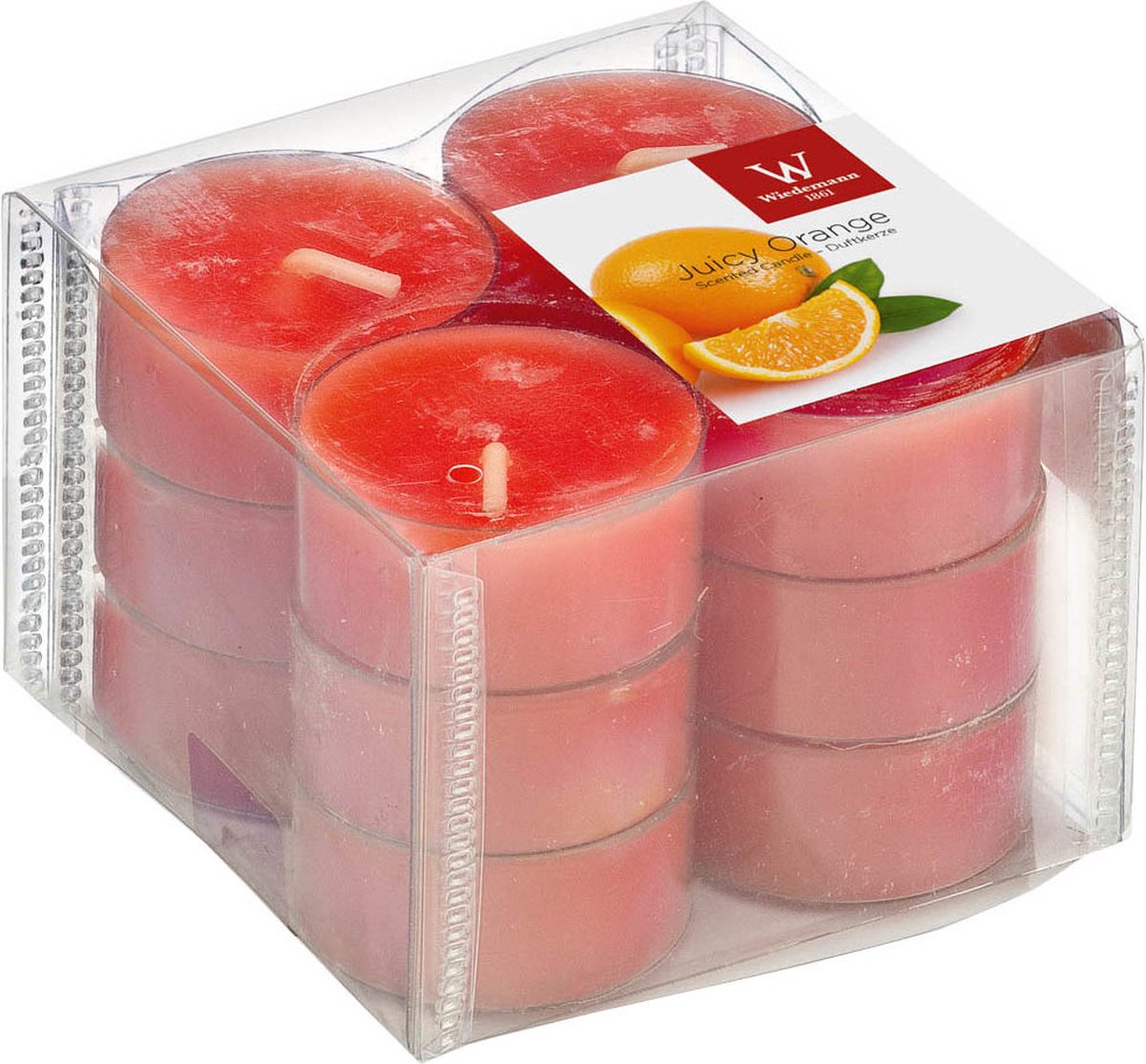 Trend Candles geurtheelichtjes/waxinelichtjes - 12x - sinaasappel geur - 4 branduren -transparante cup Oranje