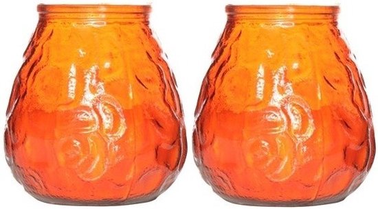 2x Oranje lowboy tafelkaarsen 10 cm 40 branduren - Kaars in glazen houder - Horeca/tafel/bistro kaarsen - Tafeldecoratie - Tuinkaarsen