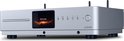 Zilverkleurige audiospeler met Omnia display en bedieningsknoppen, vanuit een schuin perspectief.