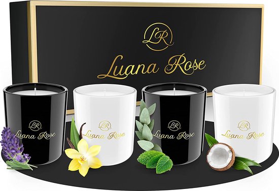 Coffret bougies parfumées Luana Rose - Bougies 100% cire de soja - [lot de 4] Bougies aromatiques en verre - Bougies parfumées à la cire de soja naturelle - Coffret bougies pour aromathérapie