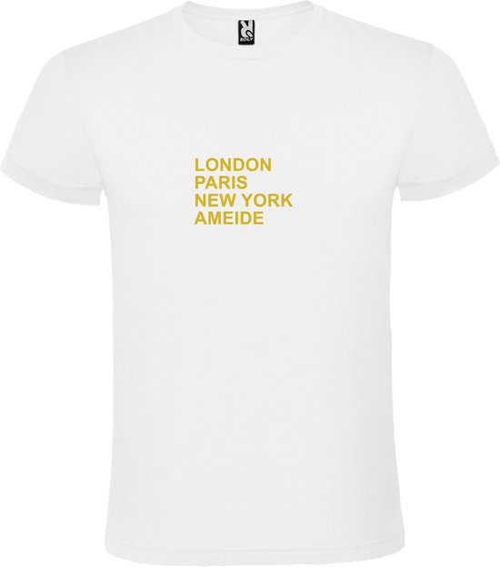 Wit T-Shirt met “ LONDON, PARIS, NEW YORK, AMEIDE “ Afbeelding Goud Size XXXXXL