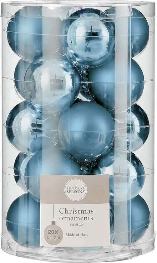 House of Seasons 20 licht blauwe kerstballen glas D 4 cm