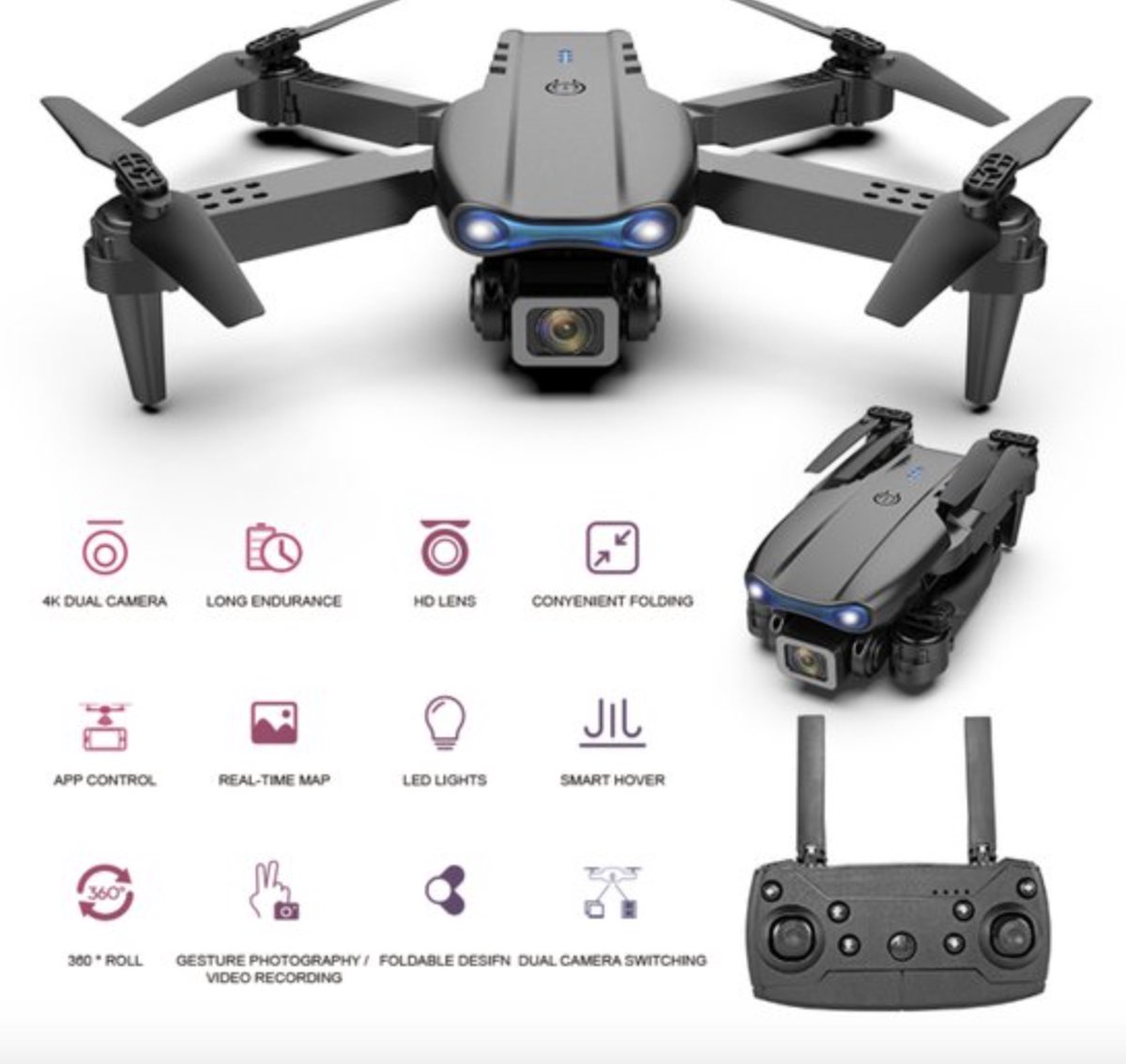 CB-Goods Drone met 4K Camera | Drone met Camera voor Buiten/Binnen | Mini Drone | Drone voor Kinderen/Volwassenen | Tiktok | Inclusief Opbergtas | Grijs