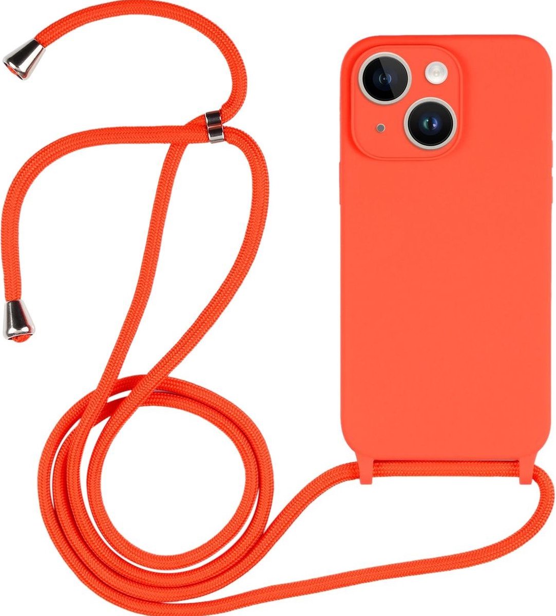 Mobigear Telefoonhoesje geschikt voor Apple iPhone 14 Siliconen | Mobigear Lanyard Hoesje met koord - Oranje
