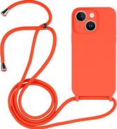 Mobigear Telefoonhoesje geschikt voor Apple iPhone 14 Siliconen | Mobigear Lanyard Hoesje met koord - Oranje