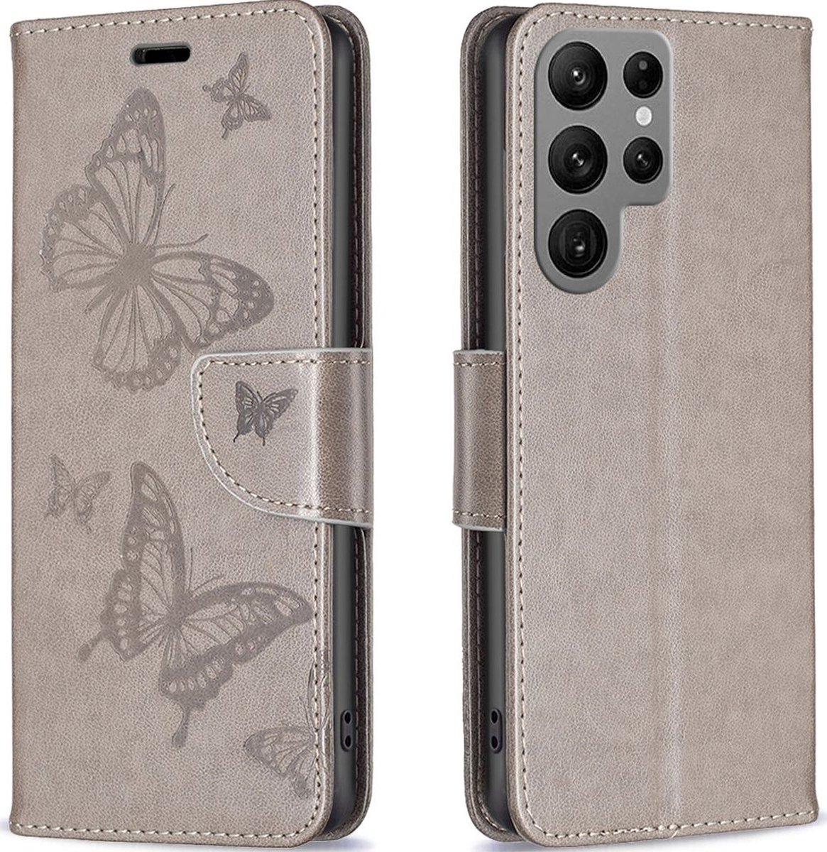 Mobigear Telefoonhoesje geschikt voor Samsung Galaxy S23 Ultra Hoesje | Mobigear Butterfly Bookcase Portemonnee | Pasjeshouder voor 3 Pasjes | Telefoonhoesje voor Pinpas / OV Kaart / Rijbewijs - Grijs