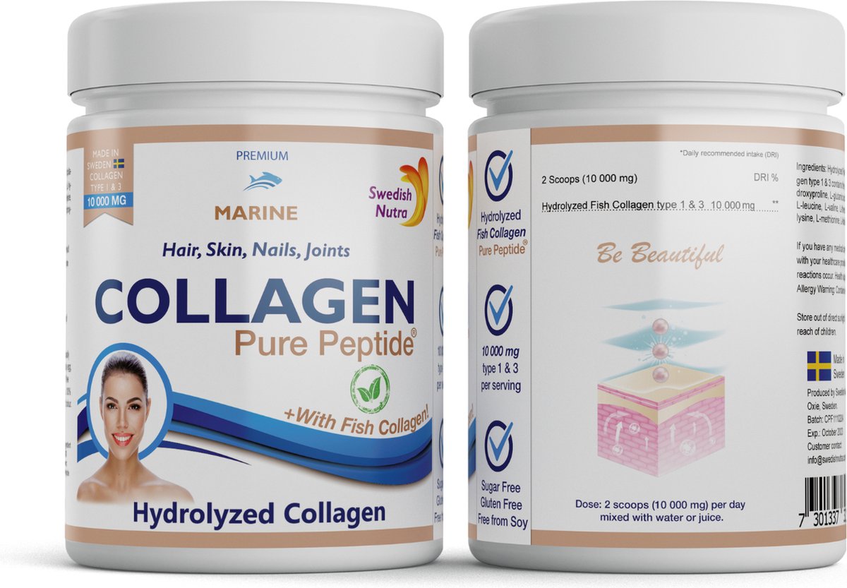 Goedkoopste Swedish Nutra- Collageen Marine poeder Pure Peptide 10000 MG- Collagen supplement- Anti aging -Anti Rimpel - Fijne lijntjes - Huid Haar Nagels-Jeugdige huid-100 natuurlijk