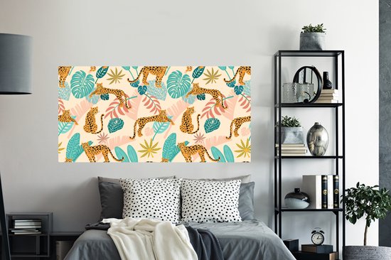 Muurstickers - Sticker Folie - Bladeren - Luipaard - Waterverf - Meisjes - Kinderen - Roze - Kids - 160x80 cm - Plakfolie - Muurstickers Kinderkamer - Zelfklevend Behang - Zelfklevend behangpapier - Stickerfolie