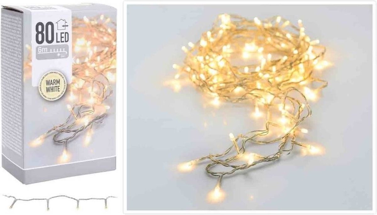Kerstverlichting - 80 led lampjes - warm wit - 6 meter - lichtsnoer - transparant snoer – foto 4