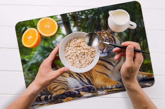 Set de Table - Napperons de Table en Plastique - Tigre - Animaux - Forêt - Feuilles - Jungle - 45x30 cm - 6 pièces - Résistant à la Chaleur - Antidérapant - Pad - Amovible