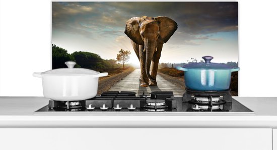 Spatscherm Keuken - Kookplaat Achterwand - Spatwand Fornuis - 90x45 cm - Olifant - Weg - Dieren - Zonsondergang - Savanne - Landschap - Aluminium - Wanddecoratie - Muurbeschermer - Hittebestendig