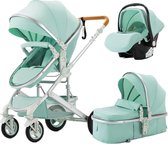Luxe 3-in-1 Kinderwagen - Wandelwagen - Autostoeltje - Buggy - Inklapbaar - Groen/Turquoise - 0-36 Maanden