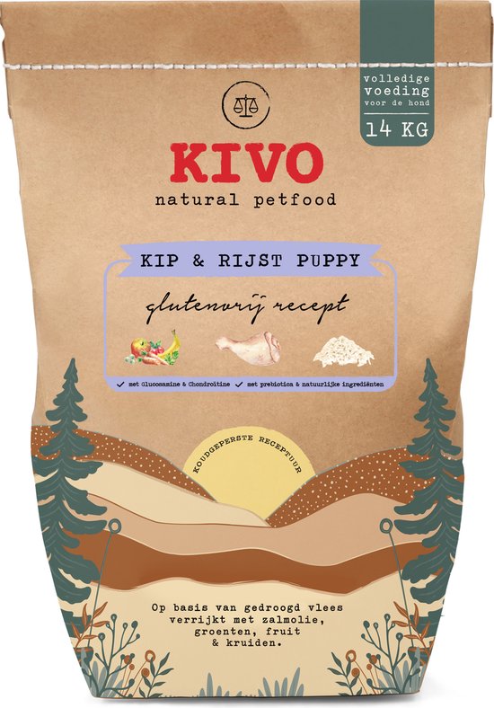 Kivo Petfood Puppybrokken Kip & Rijst Puppy 14 kg Koudgeperst - Glutenvrij