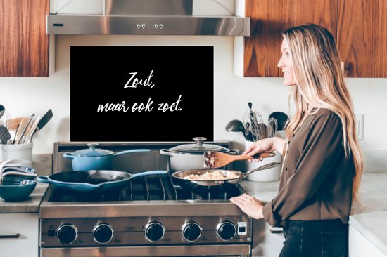 Spatscherm keuken 80x55 cm - Kookplaat achterwand Quotes - Spreuken - Zout, maar ook zoet - Koken - Muurbeschermer - Spatwand fornuis - Hoogwaardig aluminium