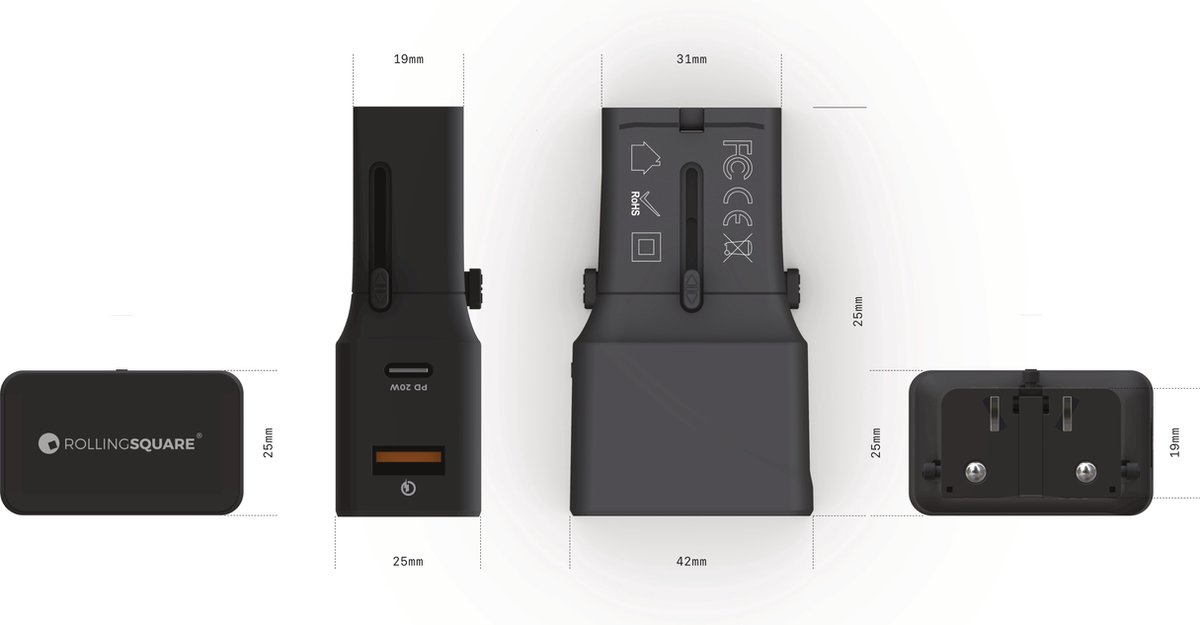 Rolling Square Universele Mini Wereldstekker - USB-C & USB-A - 150+ Landen - Lichtgewicht Reisstekker & Internationale Travel Adapter - Amerika (USA), Zuid-Amerika, UK, Azië, Europa & Afrika - Zwart — cadeau in Gadgets - foto 2