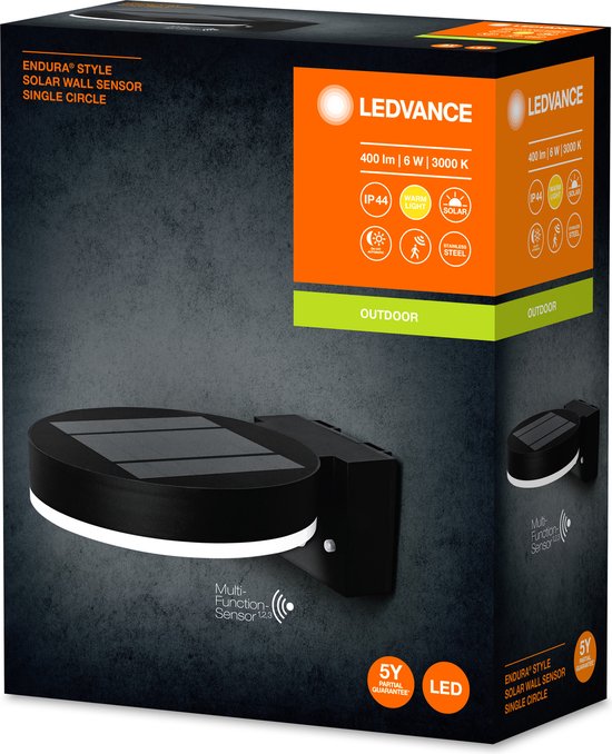Ledvance LED Wandlamp Endura Stijl Circle Zwart 6W 400lm - 830 Warm Wit | Solar - Bewegings- en lichtsensor