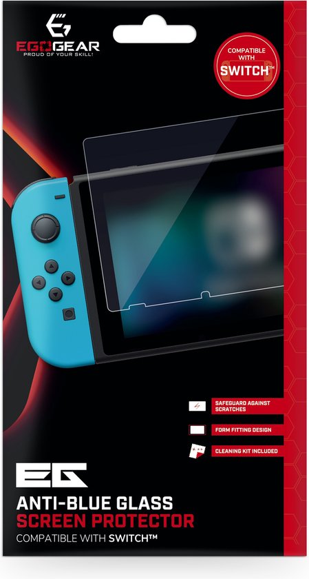 Verpakking van EG Anti-Blue Glass Screen Protector, compatibel met Switch. Toont Nintendo Switch met blauwe en rode Joy-cons.