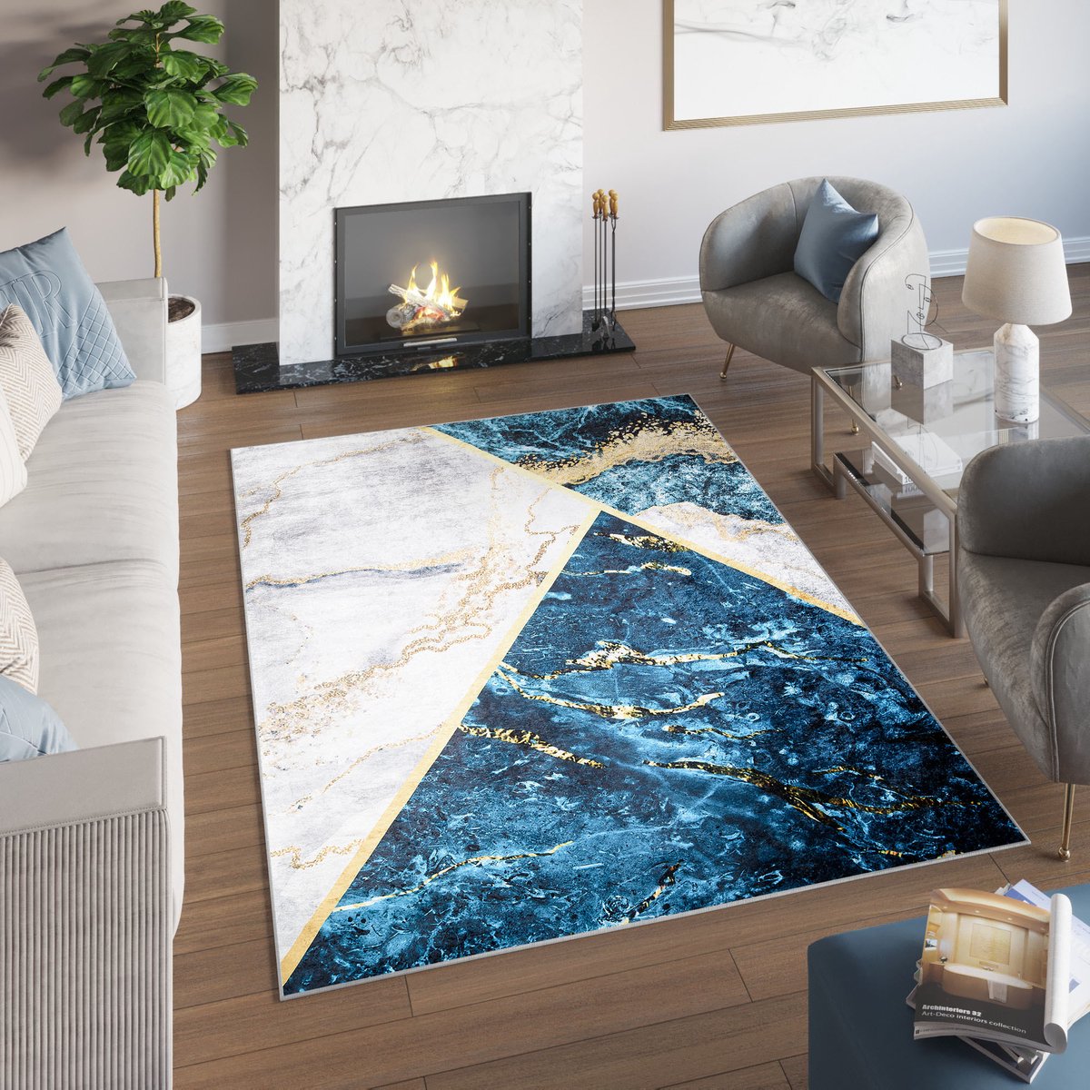 Tapiso Toscana Vloerkleed Blauw Grijs Gouden Marmer Tapijt Maat- 80x150