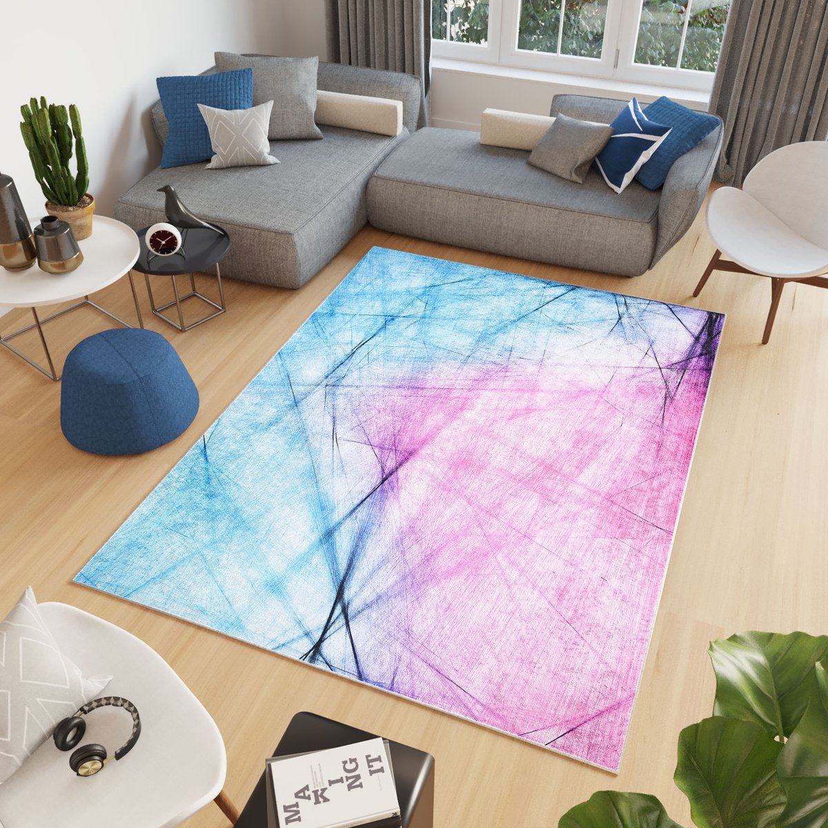 Tapiso Toscana Vloerkleed Roze Blauw Abstract Lijnen Tapijt Maat- 160x230