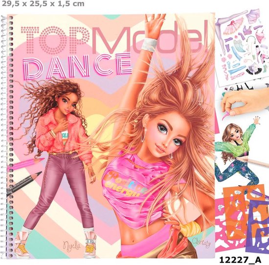 TOPModel Dance kleurboek met afmetingen 29,5 x 25,5 x 1,5 cm, met illustraties van twee danseressen, stickers en sjablonen.