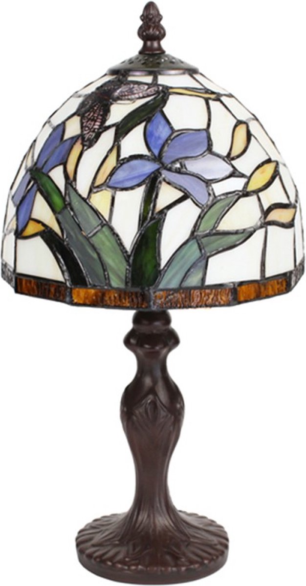 Tiffany Tafellamp Ø 20x36 cm Beige Blauw Glas Rond Bloemen Tiffany Bureaulamp Tiffany Lampen Glas in Lood