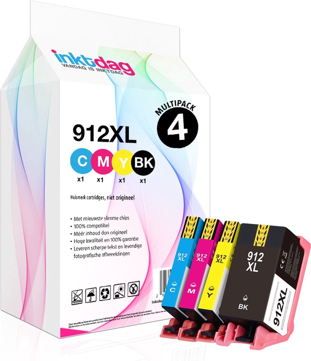 Inktdag inktcartridge voor HP 912 inkt cartridges, hp 912 xl inkt cartridges, HP 912xl inktcartridge 4 pack (1*BK, C, M en Y) voor voor HP OfficeJet Pro 8010 8012 8014 8015 8020 8022 8023 8024 8025