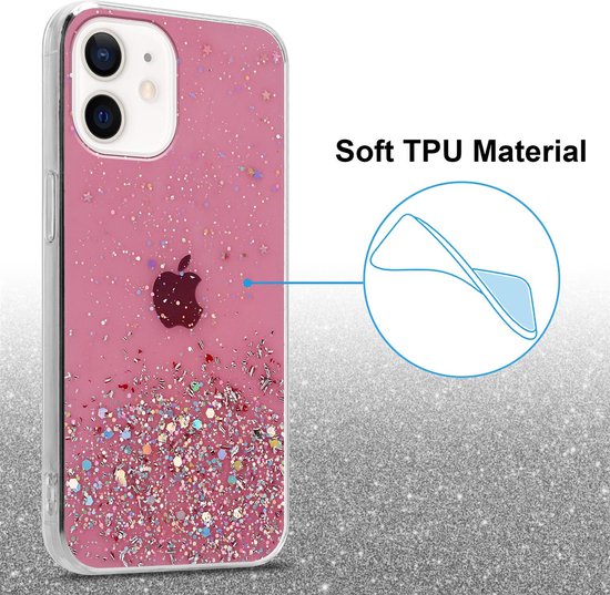 Roze iPhone 12 MINI hoesje met glitters en "Soft TPU Material" tekst.