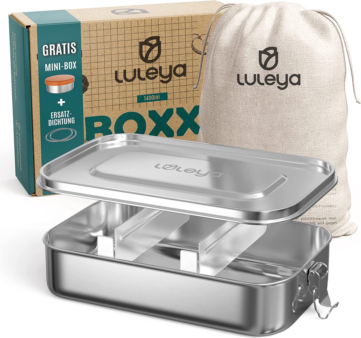 Luleya Premium broodtrommel roestvrij staal met vakken, 1400 ml, groot, lekvrije bentobox, lunchbox voor kinderen en volwassenen, incl. mini-doos, reserveafdichting, scheidingswanden en opbergzak