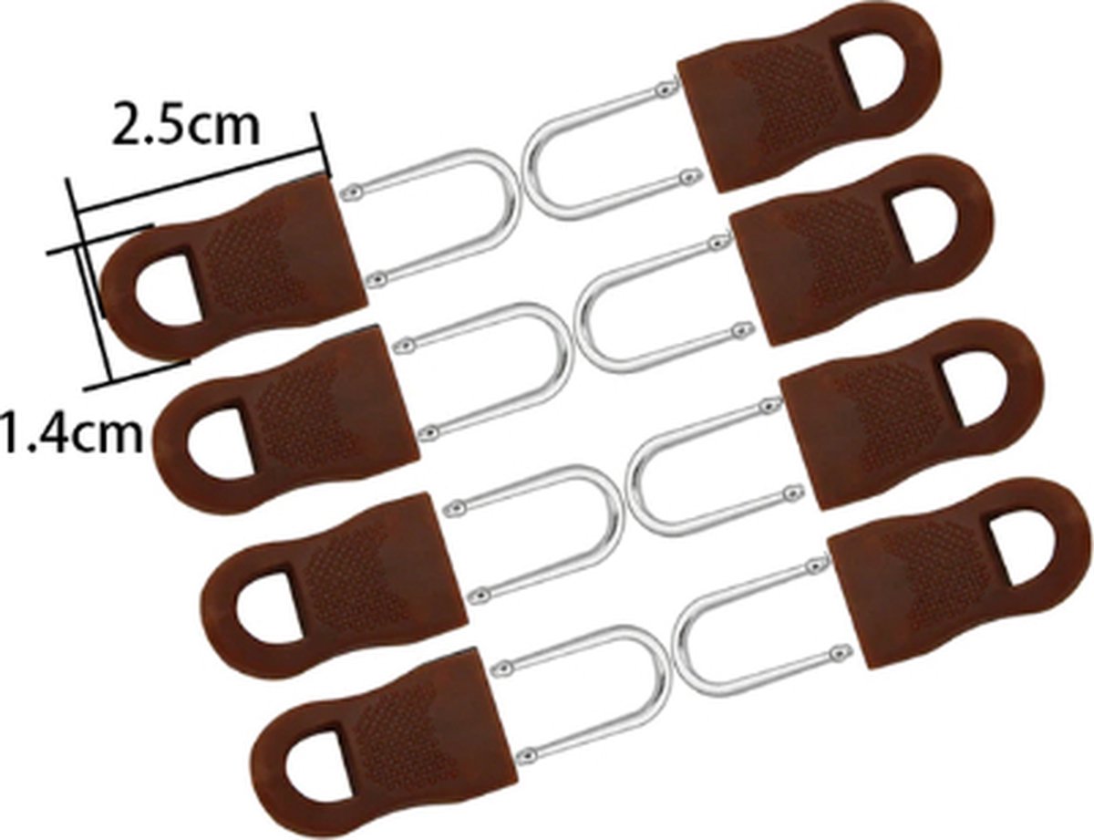 Zipper puller bruin type 1 - 1,4 x 2,5 cm - 8 stuks