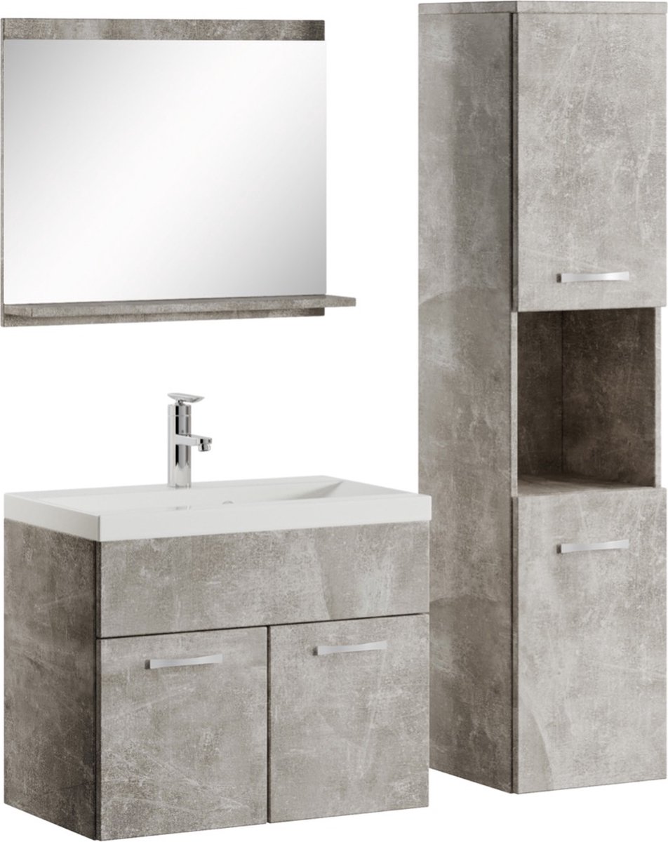 Badplaats Badkamermeubel Set Montreal 60 cm x 35 cm - Beton Grijs - Badmeubel met spiegel en zijkast