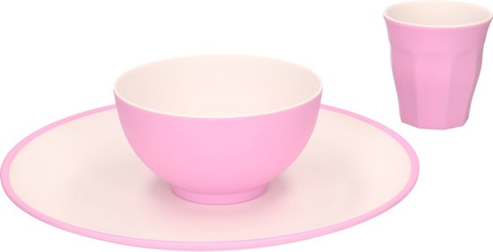 Set de 6 assiettes/tasses et bols petit-déjeuner incassables en  plastique/mélamine rose