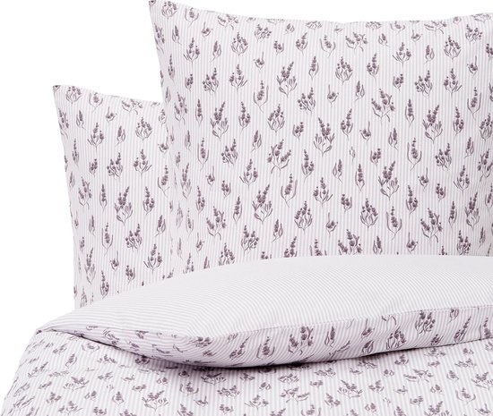 Housse de couette - lits jumeaux - 240x220 cm - violet avec blanc - motif fleurs recto-verso et motif rayures - 100% coton renforcé - avec taies d'oreiller