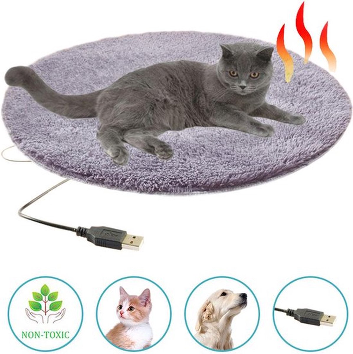 HOUSY® Elektrische deken huisdier - Warmtedeken - Verwarmd - Ø 41cm - Honden / Kattenkussen - USB plug - Tot 28°C - Anti slip - Grijs