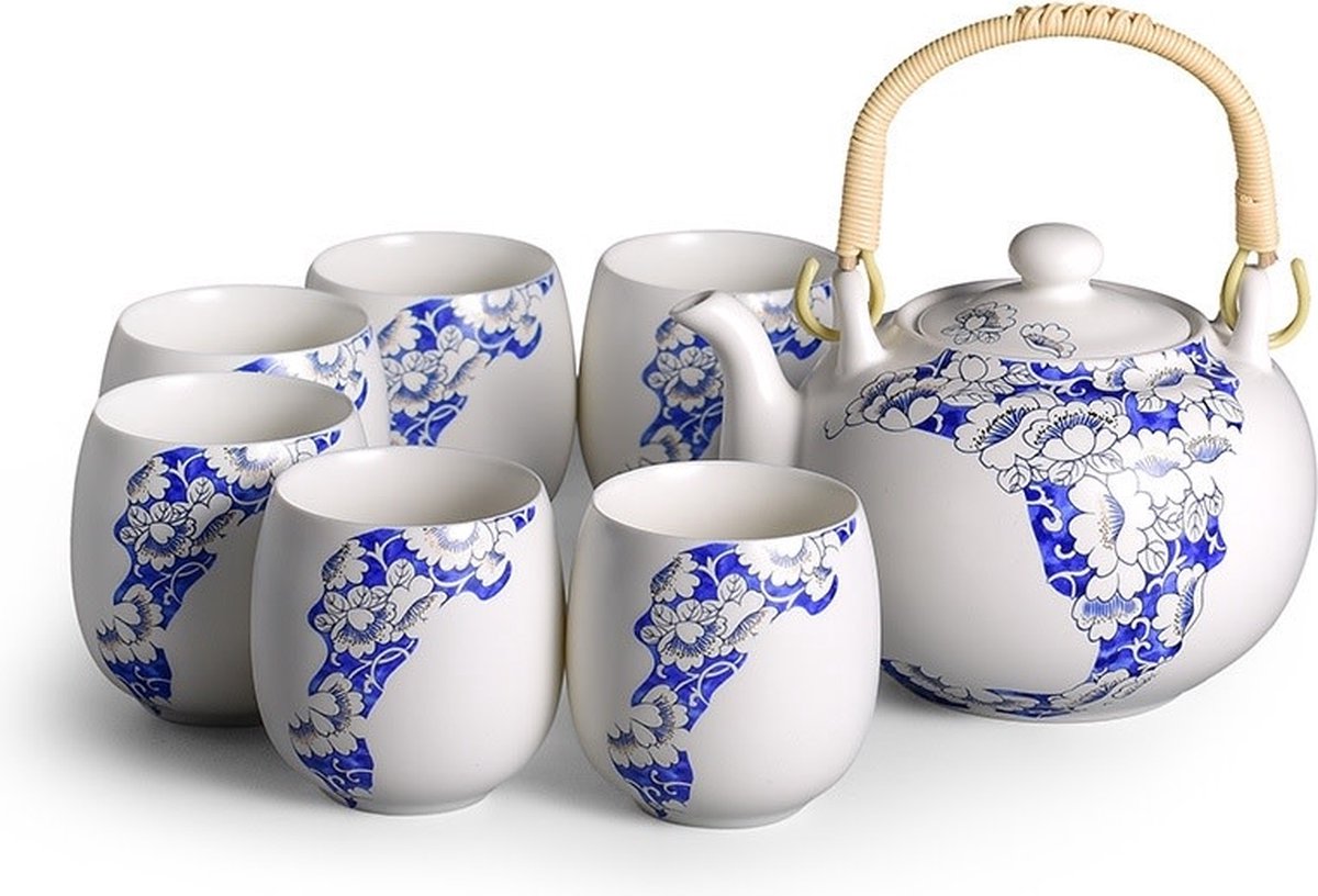 Fine Asianliving Chinese Theeservies Set/7 Porselein Handgeschilderd Bloemen Blauw