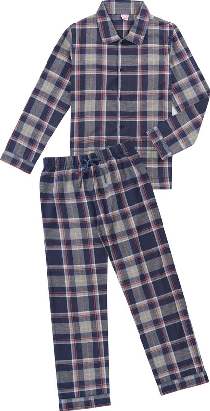 Ensemble pyjama à manches longues et pantalon, à carreaux bleu marine, gris, rouge et jaune. Le pantalon a une ceinture à cordon de serrage.
