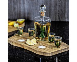 MikaMax Tequila Decanter Set – Tequila Karaf – Tafel Decoratie - Incl. 4 Shotglazen en Houten Plateau – Complete Set - 840 ml Image