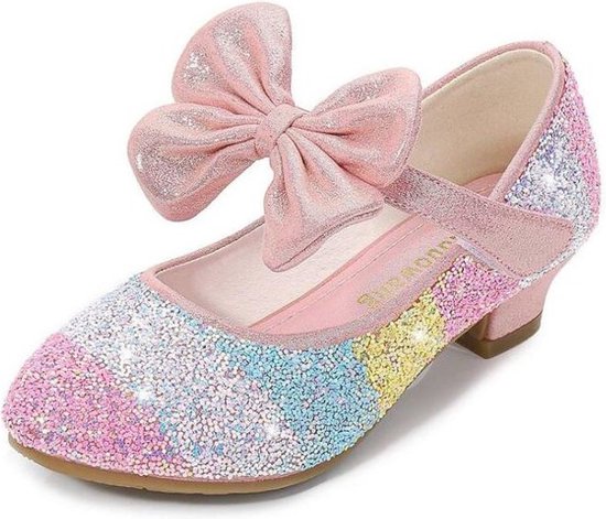 Foto: Prinsessen schoenen regenboog roze glitter maat 29 binnenmaat 18 5 cm bij jurk verkleedkleding