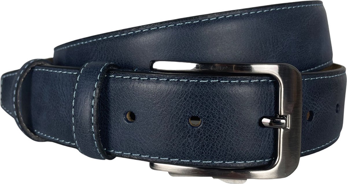 Heren Riem - Dames Riem - Donkerblauw - 3.5 cm Breed - Echt Leer - 125 cm (Taille maat tot 105 cm) - Arrigo