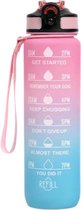 Welley Waterfles met Tijdmarkeringen - Motivatie Waterfles  - Drinkfles 1 Liter  - Roze en Blauw