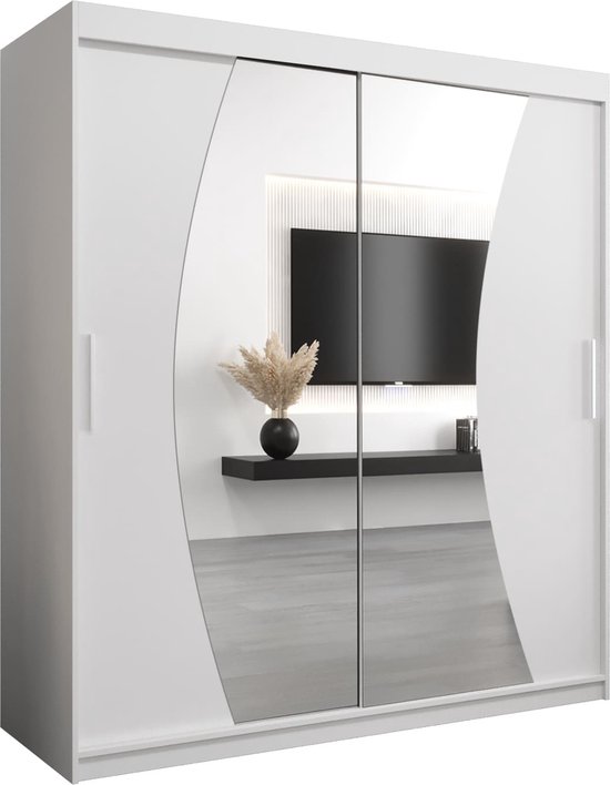 InspireMe - Kledingkast met 2 schuifdeuren, Modern-stijl, Een kledingkast met planken en een spiegel (BxHxD): 180x200x62 - KAHUNA 180 Wit Mat