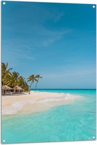 WallClassics - Tuinposter – Tropisch Strand met Palmbomen - 80x120 cm Foto op Tuinposter  (wanddecoratie voor buiten en binnen)