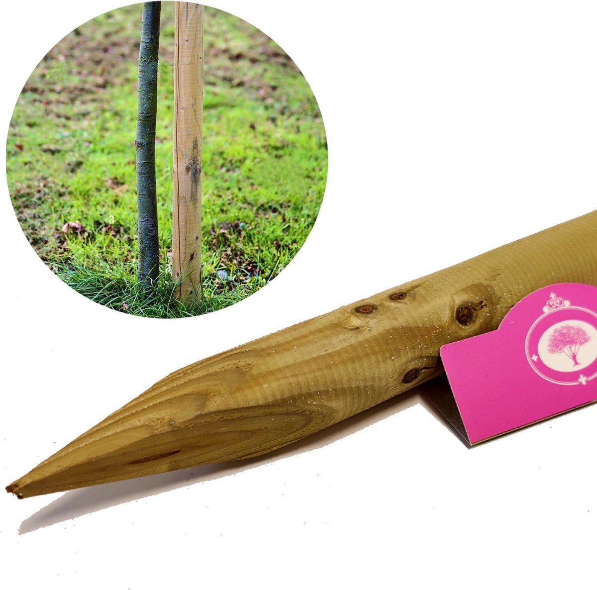 1x Houten paal - Hoogte 128cm - Dikte 4cm - Rond met punt - geïmpregneerd - gefreesd - plantensteun