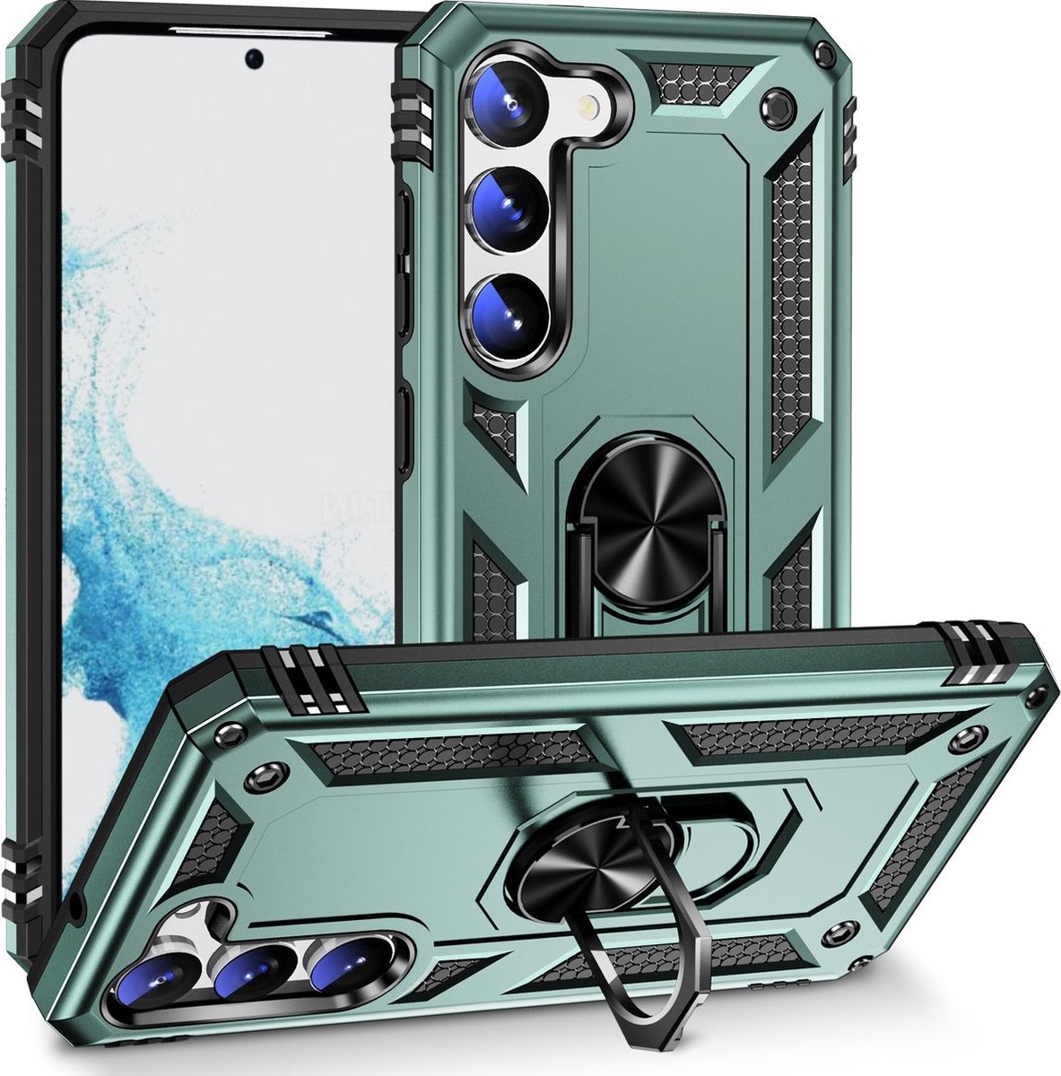 Mobigear Hoesje geschikt voor Samsung Galaxy S23 Telefoonhoesje Hardcase | Mobigear Armor Ring Backcover Shockproof met Ringhouder | Schokbestendig Galaxy S23 Telefoonhoesje | Anti Shock Proof - Groen