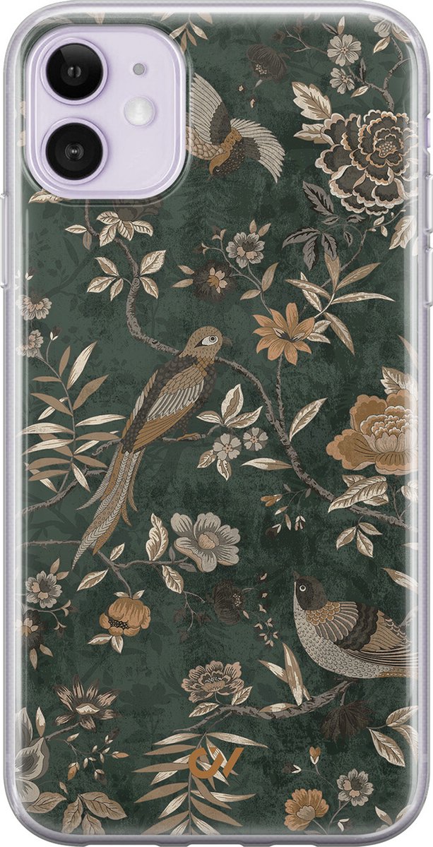 Hoesje geschikt voor Apple iPhone 11 - Khaki Golden Flowers - - Groen - Apple - Casevibes