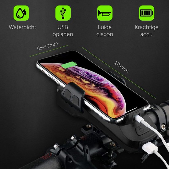 4-in-1 Fietslamp Voorlicht mét telefoonhouder - Powerbank Fiets Telefoonhouder - Fiets Smartphone Houder - USB oplaadbaar - 2400 mAh - 130 DB Loudspeaker - Bel - Koplamp - 6-12H gebruikstijd - Zwart — afbeelding 5