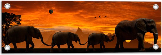 WallClassics - Poster de jardin - Parade d'éléphants au coucher du soleil - 60x20 cm Photo sur Poster de jardin (décoration murale pour l'extérieur et l'intérieur)
