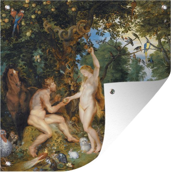 Tuin poster Het aardse paradijs met de zondeval van Adam en Eva - Schilderij van Peter Paul Rubens - 200x200 cm - Tuindoek - Buitenposter