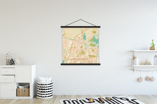 Porte-affiche avec affiche - Affiche scolaire - Oegstgeest - Carte - Plan de la ville - Plan d'étage - Vintage - 90x90 cm - Lattes noires