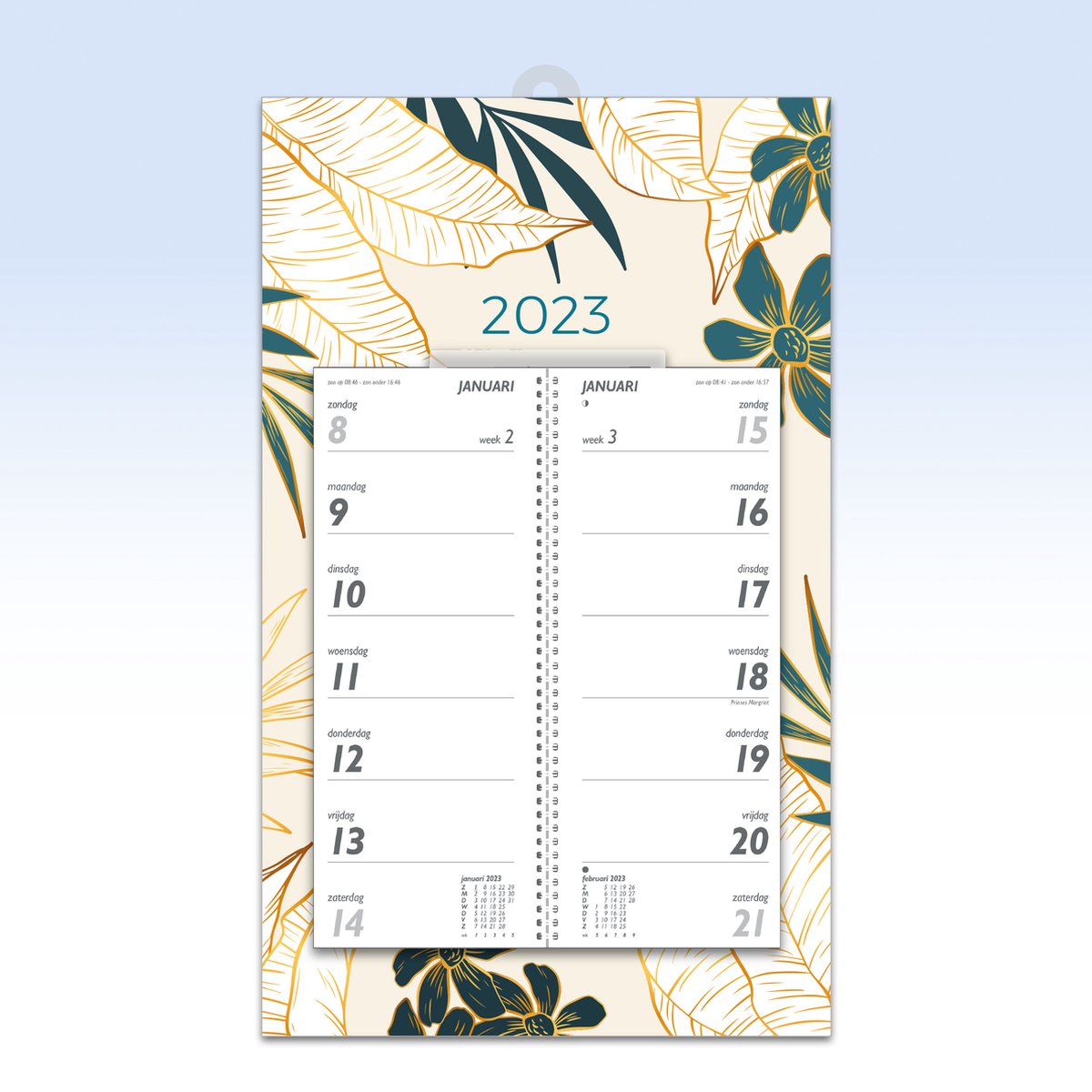 Omleg Weekkalender 2023 op schild - 20x33 cm met schuifhanger - Weekkalender met 2 weken overzicht - beginnend op zondag